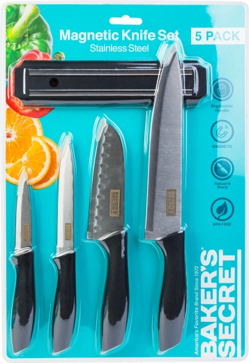 Baker's Secret kitchen knife set with magnetic holder, 5 pieces