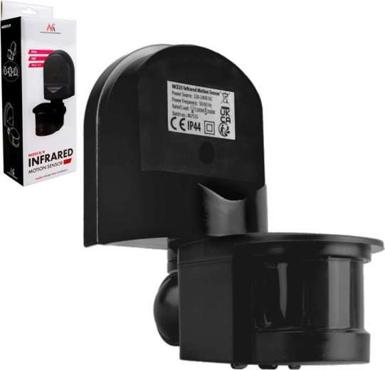 PIR датчик за движение и здрач 180° с черен сенник, обхват 5–12 m, 1200 W, IP44