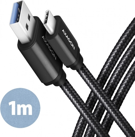 AXAGON USB-C – USB-A Cable 3.2 Gen 1, 1 m, 3 A, aluminum, nylon braid, black