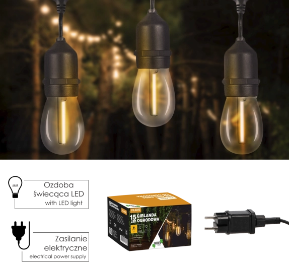 Garden string lights with remote control 24 V, 18 m, 15 warm white LEDs