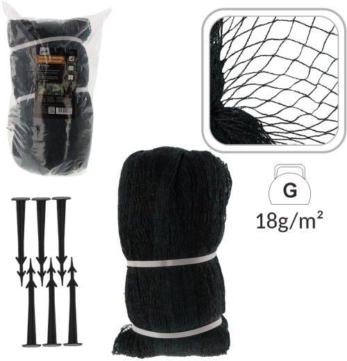 Защитна мрежа против птици 8 × 14 м, 18 g/m² + 16 пластмасови фиксиращи шипа