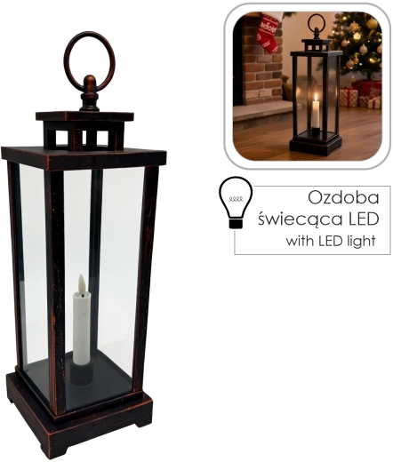 Decorative LED lantern with candle and timer, 34 cm