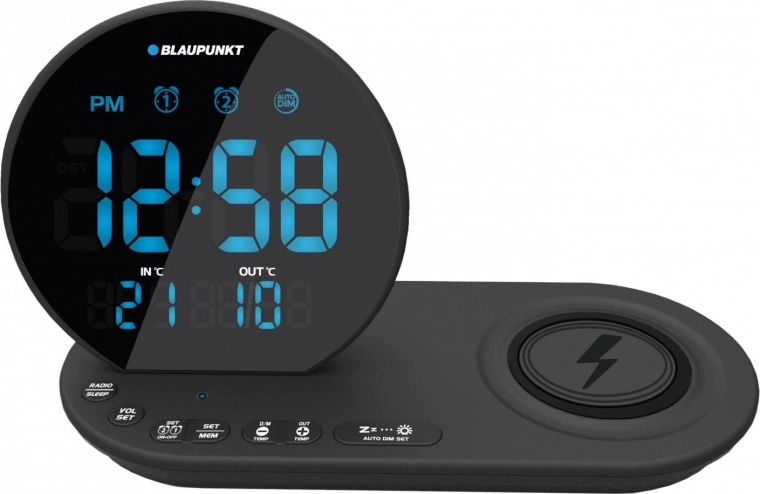 Clock radio with FM, Qi wireless charging and temperature sensor – black