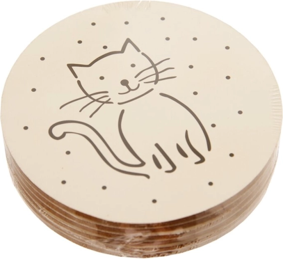 Set of cork drink coasters with a white cat design, 6 pcs