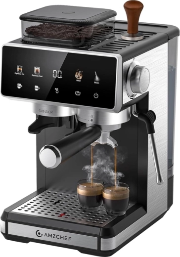 AMZCHEF Espresso Machine with Built-in Grinder, 20 Bar, Silver