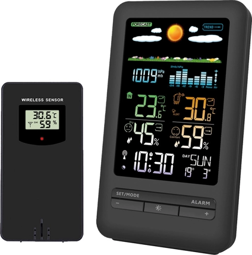 Метеостанция Solight с цветен LCD дисплей, измерване на температура, влажност и налягане, черна