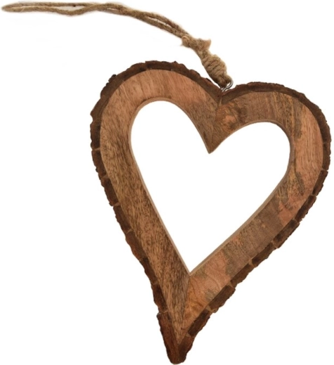 Hanging heart decoration made of mango wood with a bark-effect finish