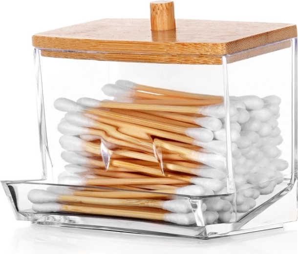 Cotton Swab Dispenser with Bamboo Lid 9 × 7.3 × 9 cm