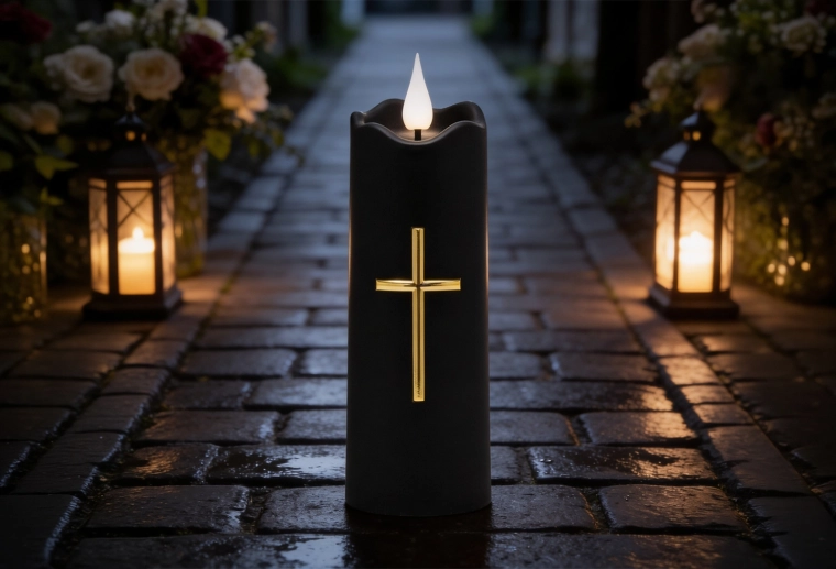 LED candle 5 × 15.5 cm, black with a gold cross