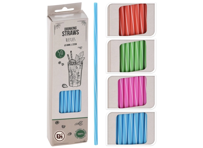 Set of Reusable Straws 22 cm, 6 mm Diameter – Mixed Colors with Stripes (50 pcs)