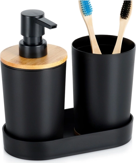 Black bathroom set, 3 pieces, with dispenser and bamboo accents