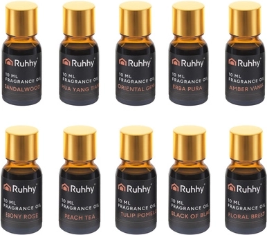 10 scents in compact glass bottles