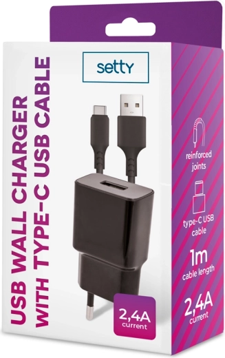 Setty wall charger 1× USB 2.4 A black + USB‑C cable 1 m