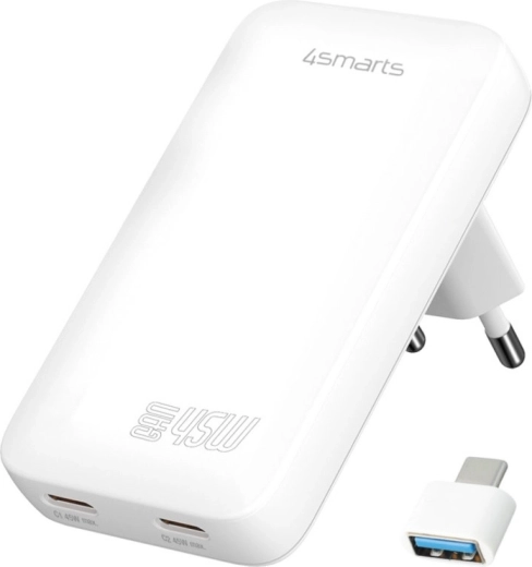 4smarts FlatPlug Dual 45 W GaN Wall Charger, 2× USB‑C, White
