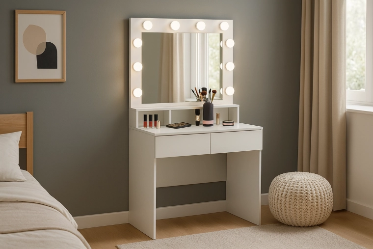 White Vanity Table with LED Mirror and Storage Space