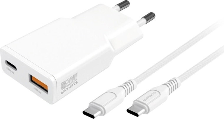 GaN 20 W Wall Charger with USB‑C and USB‑A + 1.5 m USB‑C Cable, White