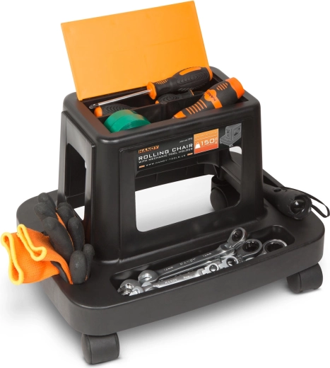 Plastic workshop stool with tool holder