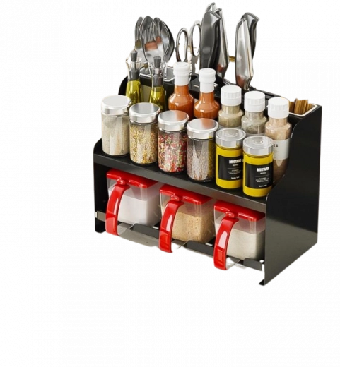 Multifunctional two-tier spice organizer with compartments for kitchen accessories – black