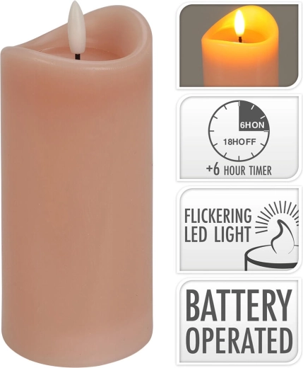 LED candle with flickering flame and timer, pink 7 × 15 cm