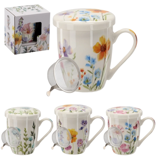 Porcelain mug with stainless steel infuser and lid 340 ml – floral motif