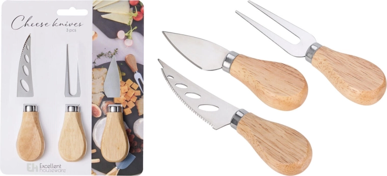 3-piece cheese set made of stainless steel and rubberwood
