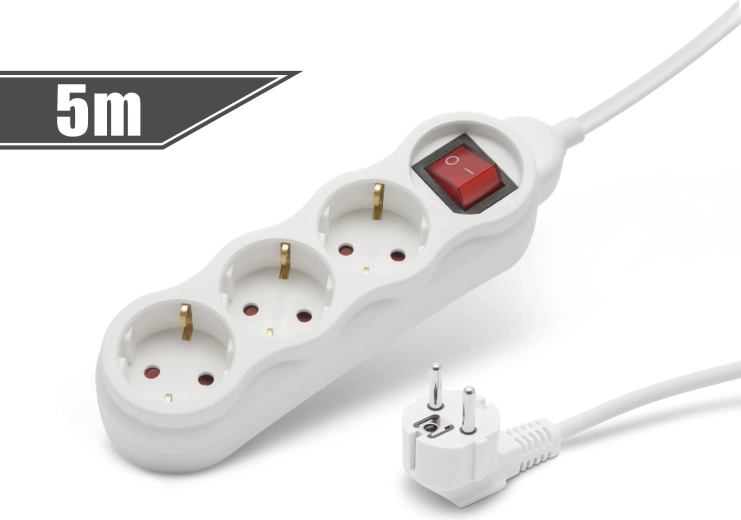 White extension cord with 3 sockets and switch, 5 m
