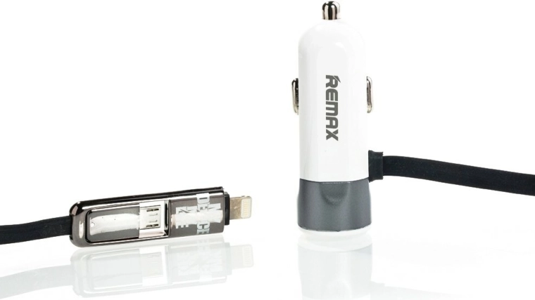 Автомобилно зарядно Remax 3,4 A с вграден кабел Lightning и micro USB, сиво