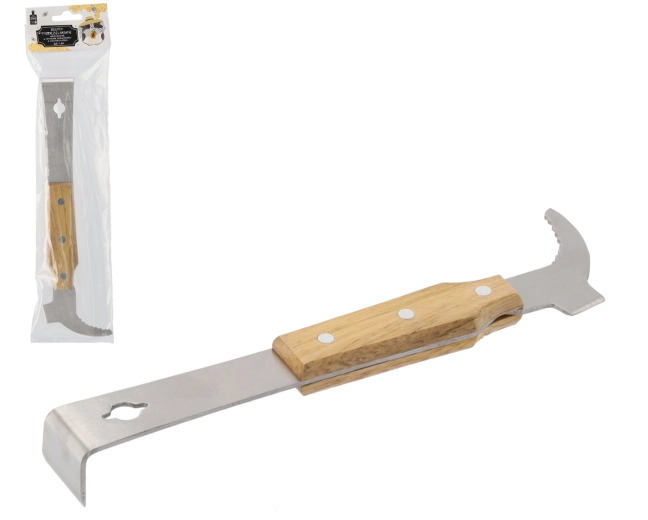 Beekeeping hive tool made of stainless steel with wooden handle and frame spacer 26 cm