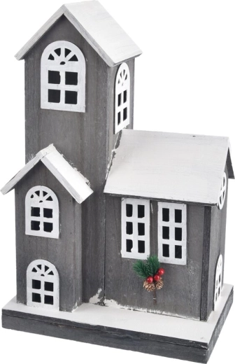 Decorative wooden house with LED lighting, grey, 52 cm