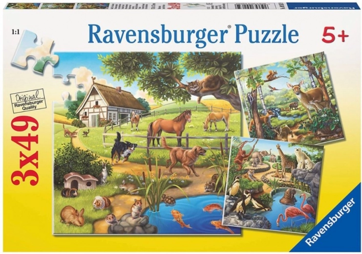Пъзел RAVENSBURGER животни в гората, в ЗОО и във фермата 3×49 части
