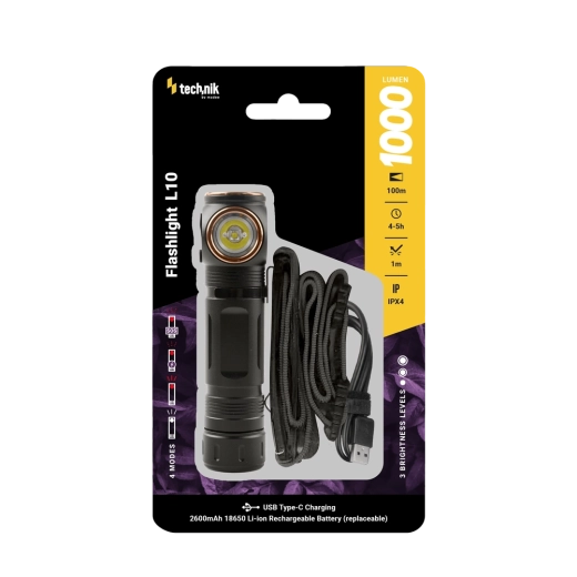 Фенер Technik L10 с USB‑C, 1000 lm, магнитен, лента за чело