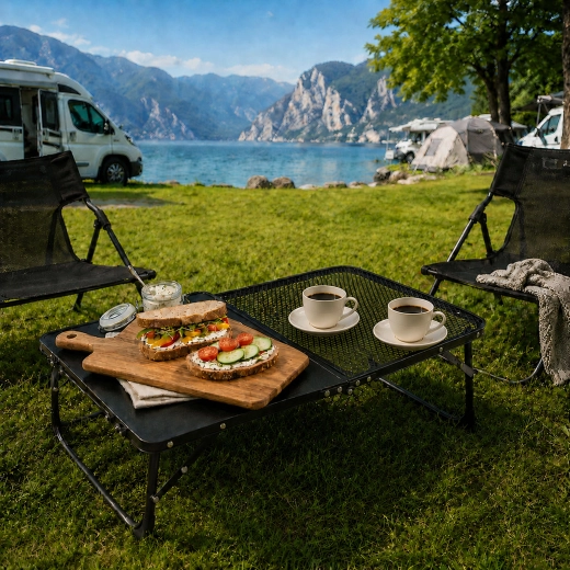 Lightweight camping table with mesh tabletop section