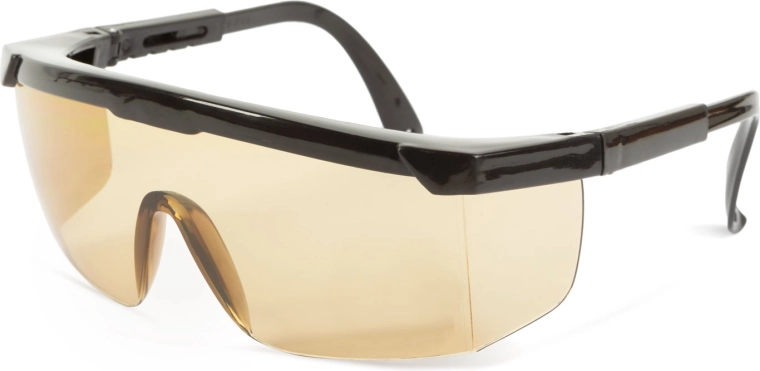 Safety glasses over prescription glasses with UV protection, amber