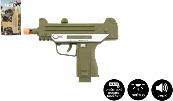 Plastic submachine gun pistol 17.5 cm, battery-operated, with sound and light, 2 colors on card