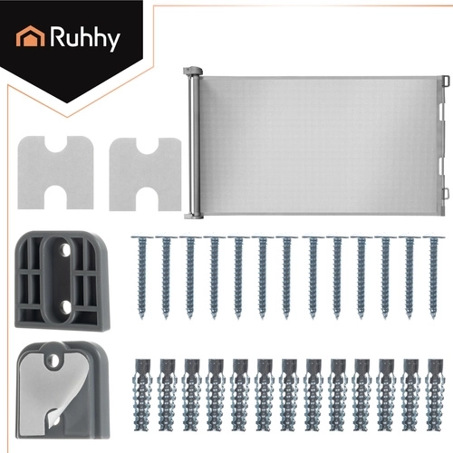 Retractable safety gate for doors and stairs RUHHY, grey, up to 157 cm wide