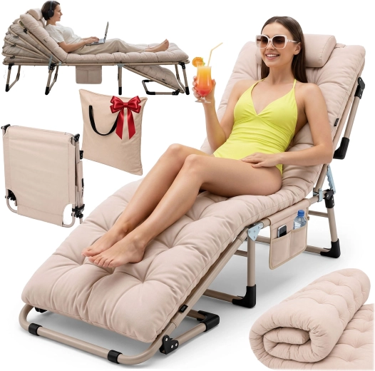 Sofotel ChillWell Dream folding camping bed and garden lounger with mattress, pillow and carry bag, beige