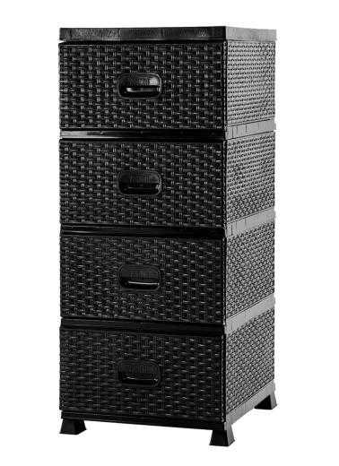 Black plastic chest of drawers with 4 drawers in a rattan-look finish, 38 × 45 × 90 cm