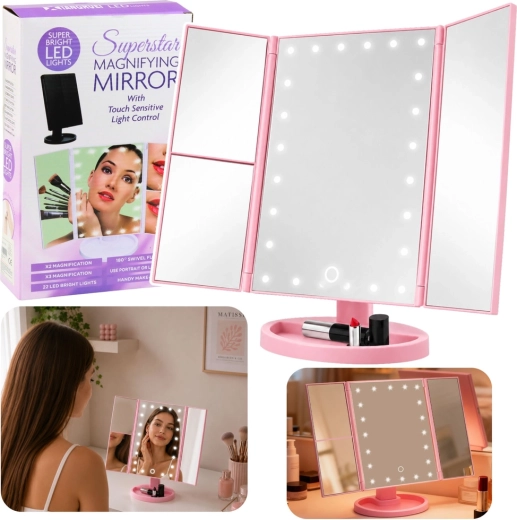 Pink foldable cosmetic mirror with LED lighting, touch controls, and magnification