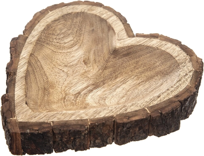 Mango wood tray with heart motif, bark finish, 22 × 22 × 3 cm