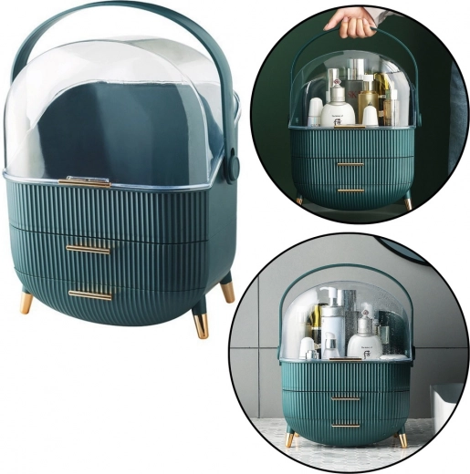 Cosmetic Organizer with Transparent Lid and Two Drawers Green