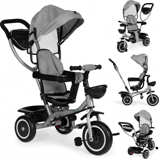 Детска триколка-количка 2в1, въртяща се седалка и сгъваем сенник, сива ECOTOYS