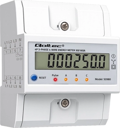 Three-phase DIN-rail energy meter with LCD and reset, 400 V, 100 A, 4-wire