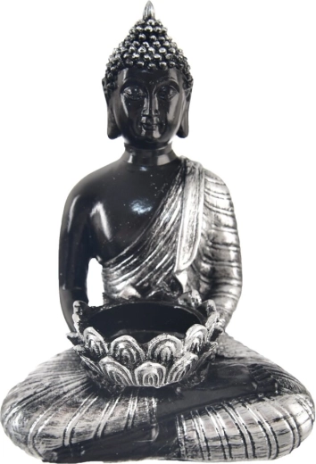 Ceramic Buddha tealight candle holder, silver-black
