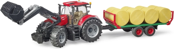Трактор Bruder Case IH Optum 300 CVX с челен товарач и ремарке за бали