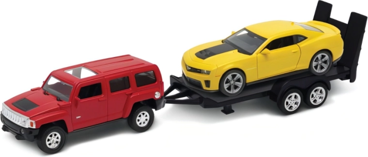 Welly car transporter Hummer H3 with trailer and Chevrolet Camaro ZL1 1:34