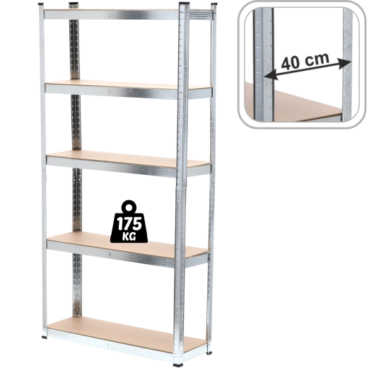 Five-tier metal shelving unit 220 × 90 × 40 cm, shelf load capacity 175 kg