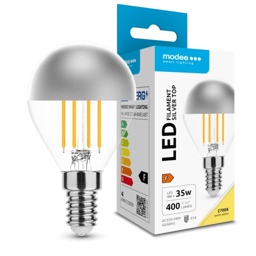 Modee LED Bulb Filament Globe Mini P45 Silver Top 4 W E14, 400 lm, warm white