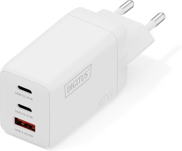 Мрежово зарядно USB GaN 67 W, 2× USB‑C и 1× USB‑A, бяло