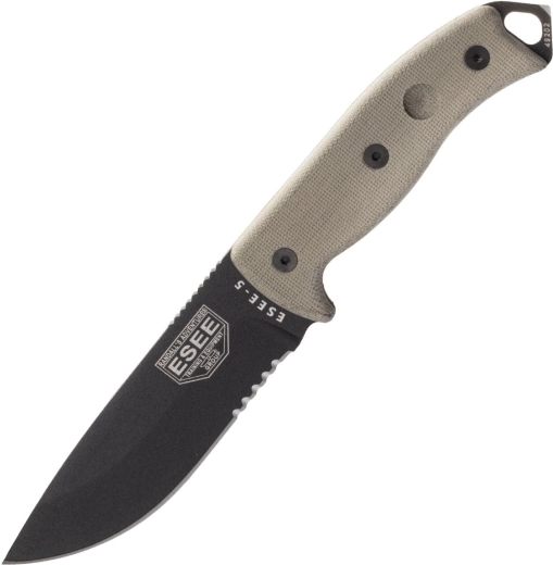 ESEE 5 serrated edge, black blade, micarta handle, Kydex sheath