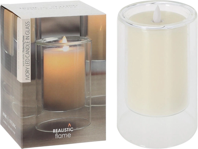 LED Candle in Glass, Ivory, 10 × 15 cm with Flickering Flame